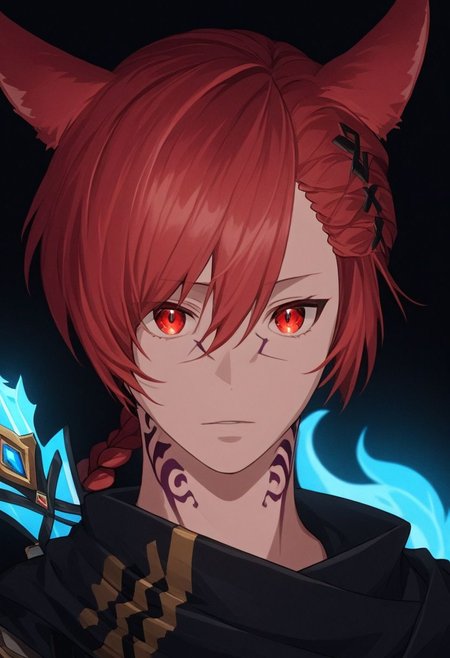 grahatiaffxivdsk, 1boy, male focus, solo, animal ears, red eyes, red hair, tattoo, miqo'te, neck tattoo, cat ears, looking at viewer, hair between eyes, facial mark, hair ornament, x hair ornament, bangs, holding, glowing, slit pupils, braid, short hair, portrait, jewelry, short ponytail, cinematic angle, cinematic lighting, best anatomy, official art, masterpiece, best quality