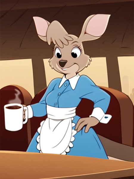 score_9, score_8_up, score_7_up, score_6_up, score_5_up, score_4_up, source_furry, Matilda_Roo, 1girl, solo, tail, two-tone fur, maid uniform, holding tray, mug, coffee, table, chairs, crowd, cafe, detailed eyes, detailed face, <lora:matilda_roo-v1:1>