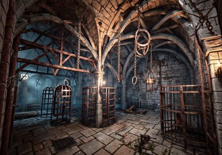 RAW photo, (masterpiece:1.3), subsurface scattering, heavy shadow, (high quality:1.4), (intricate, high detail:1.2), professional photography, HDR, High Dynamic Range, realistic, ultra realistic, photorealistic, high resolution, film photography, ambient lighting, atmospheric effects, <lora:detail_slider_v4:2>, OverallDetail, a medieval torture chamber with a fire pit, a rack, an iron maiden, chains on the walls and cages hanging from the ceiling, a cross, <lora:FantasyPrison-10:1>