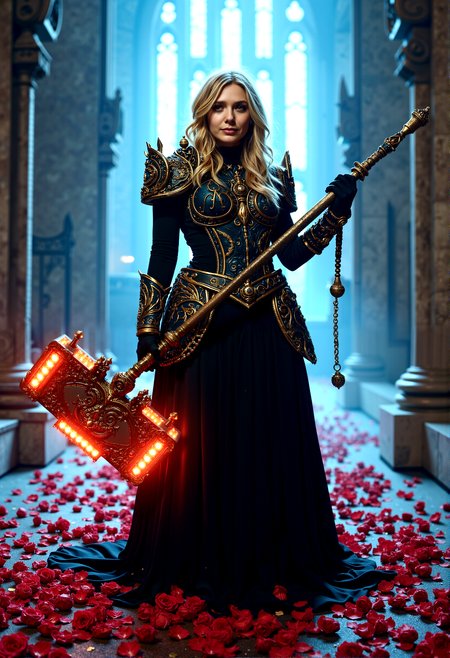 dark paladin queen, her dress a blend of intricate armor, breastplate,  and flowing fabric in turtleneck, wielding a massive, glowing warhammer, with a backdrop of a towering cathedral bathed in cold, ethereal light and a storm of rose petals.

She stands with the hammer held loosely at her side, her posture relaxed but alert. Her expression is calm, with a slight smile, as if she has just won a hard-fought battle and is surveying the aftermath.

A creative low-angle shot from the perspective of the hammer, looking up at the dark paladin queen. This shot emphasizes her control over the powerful weapon and creates a sense of awe

cinematic lighting, extremely intricate detail character, accurate depiction of character, correct body anatomy, correct hands and fingers, extremely intricate skin and facial texture detail, design,lifelike potrayal, extrememly realistic lighting, extreme dynamic pose











