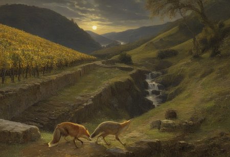 Claude Lorrain (golden hour), Vineyard on steep slate slopes, fox tracks in mud, clapper bridge over stream,grey heron stalking.,Art painting by Gustav Klimt and Takashi Murakami and Kay Sage, ,,
artstation trending, macro lens, volumetric light,
<lora:Illustration_Insanity:0.3>,
<lora:dreamshaperXL10_lora:0.7>,
<lora:extremely_detailed:0.3> extremely detailed,
<lora:DetailMaximizer:0.3>,, Surrealism art style, dreamlike and irrational imagery, explores the unconscious mind, juxtaposition of unlikely elements, challenges reality and logic