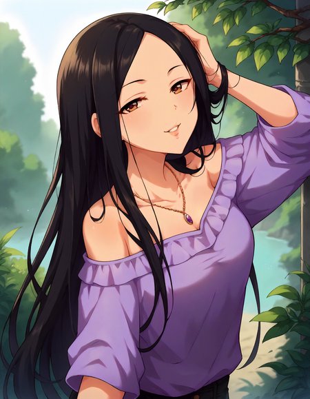 score_9,score_8_up,score_7_up,1girl,solo,cowboy shot,looking at viewer,smile,parted lips,outdoors,hand on own head,
<lora:hiiragishino_ponyXLV6:0.8>,cghsn,black hair,long hair,brown eyes,
necklace,purple off-shoulder shirt,strapless