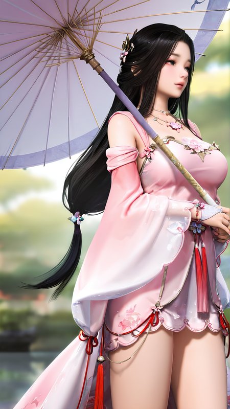 amazing quality,absurdres,best quality,masterpiece,highres,newest,detailed,detailed body,detailed face,masterpiece,best quality,solo,
fangziyingxiu,1girl,umbrella,solo,long hair,jewelry,black hair,dress,low-tied long hair,hair ornament,3d,realistic,breasts,<lora:è³å§¿çè¢:0.8>,