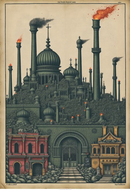 11th-style, This image is a detailed, hand-drawn illustration of a haunted, industrial cityscape, rendered in a dark, intricate style with a muted colors. drawn on an old parchment.
