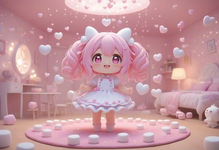 masterpiece, best quality, sfw, made of marshmallows, 
1girl, full body, chibi character, deformed character, white apron costume, white round design, cute, kawaii, 
hearts around, love, happy, blush, shame, 
indoors, simple room, twinkling particles, stardust,