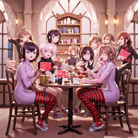 b74_aes, Ultra-detailed anime-style illustration of a vibrant Valentine's Day gathering in a charming cafÃ©, rendered in stunning 8K resolution. The scene depicts a cozy, pastel-colored cafÃ© interior filled with a diverse group of anime waifus exchanging chocolates and gifts. Central focus on a group of waifu characters seated around a ornate table, each with unique hairstyles, outfits, and expressions conveying joy and excitement. Characters range from shy and blushing to confidently presenting elaborately wrapped gifts. Outfits blend cute casual wear with subtle Valentine's themes - heart-shaped accessories, rose patterns, and soft pink and red color accents. The cafÃ© interior features intricate details: delicate lace curtains, heart-shaped hanging lights, and shelves lined with kawaii plush toys and decorative teapots. A display case in the background showcases an array of colorful Valentine's-themed cakes and chocolates. Soft, warm lighting emphasizes the cozy atmosphere, with gentle shadows and highlights accentuating the characters and environment. Color palette dominated by soft pastels - pinks, lavenders, and creams - with pops of deeper reds and chocolatey browns for contrast. Subtle sparkles and soft glow effects enhance the magical, romantic atmosphere. The artistic style combines the clean lines and expressive features of modern anime with the intricate details and soft textures of high-end digital illustration. Character designs emphasize big, expressive eyes, diverse hair colors and styles, and a range of cute expressions from shy smiles to excited grins. Background characters engage in various cafÃ© activities - ordering heart-shaped lattes, sharing slices of cake, or shyly presenting handmade Valentine's cards - adding depth and life to the scene. anime style, Mavis Dracula, Black hair, Blue eyes, Short, choppy bangs, Pale skin, Red and black striped leggings, Black dress, Red sneakers, Youthful appearance, Pointed ears, null