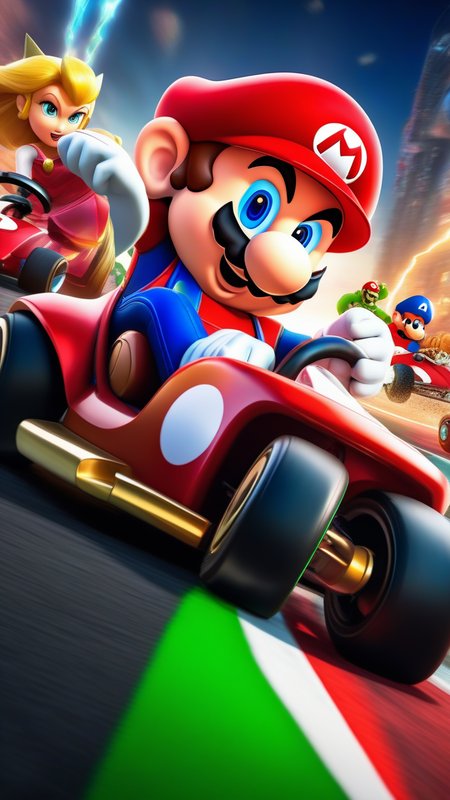 Mario Kart Race with (Avengers 1.5): Organize a chaotic race where the Avengers, equipped with Mario Kart vehicles, compete in a light-hearted and hilarious showdown. ultra realistic,dynamic pose, white hair, (masterpiece) (best quality) (detailed) (8k) (HDR) (wallpaper) (cinematic lighting) (sharp focus)