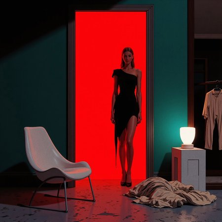 This image is a digital rendering in a stylized, abstract art style, set in a dimly lit room with a contrasting color scheme. The walls are painted deep teal, and the floor is a muted gray, creating a moody atmosphere. An open doorway reveals a woman standing in the next room, and bathed in a striking red light. The red glow illuminates her slender, athletic frame, casting a warm contrast against the cool teal surroundings. She is wearing a black asymmetrical Avant Garde inspired dress, which drapes comfortably over her body, adding a sense of relaxation and intrigue. In the foreground, a modern white chair with a curved backrest is positioned to the left. To the right, a small square white table holds a white, cylindrical lamp emitting soft, diffused light. On the floor beside the table, a pile of clothes, including a striped shirt and pants in shades of white and beige, adds a touch of disarray, contrasting with the otherwise minimalist surroundings. The background is barely visible but suggests more clothing on hooks and possibly a mirror reflecting some of the red light. The overall atmosphere is intimate and surreal, with smooth, clean textures typical of digital art. The bold use of color and lighting heightens the dramatic, mysterious mood. 