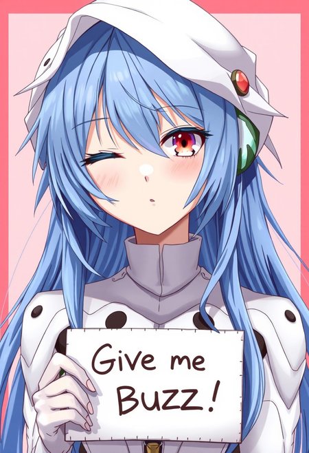 score_4,score_5,score_6,score_7_up,score_8_up,score_9 ((masterpiece,best quality,ultra detailed,highres,HD,4k:1.2)), 
1 girl,solo,face focus,
ayanami_rei,rei ayanami, blue hair, ((long hair, Messy Hair:1.2)),red eyes, head gear, 
bodysuit, headgear, plugsuit, neon_genesis_evangelion, white bodysuit, 
(("Give me Buzz.",Beggars Board,Holding a sign, holding a sign that says, "Give me Buzz."))
wink,closed mouth,blush,Expressionless,