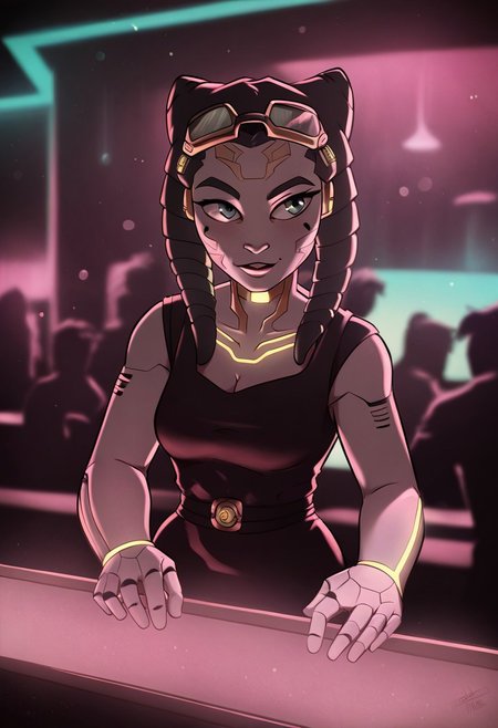 score_9, score_8_up, score_7_up, cyborg, ar3na1989, Kodak Motion Picture Film Style, alien long face, goggles, (neon gold light), bartender, (bokeh), sci-fi, dark atmosphere, moody, dark hair, aesthetic,