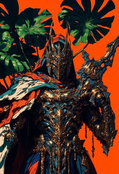 An anime illustration of a regal, masculine figure with an imposing, deity-like presence, clad in polished chrome armor etched with surreal, intricate patterns that shimmer with an ethereal shine. The armor’s chest piece is adorned with ten small pendants, each hanging by thin silver chains, adding mystique to his powerful form. A flowing scarf in red, green, and white wraps around his waist, contrasting sharply with the sleek metallic tones of his armor. In his hand, he wields a massive, surreal crossbow, designed with angular contours and ornate flourishes, aimed directly at the viewer. Behind him, two large Monstera and Alocasia leaves in deep, dark green with bright green accents create a striking contrast against a simple orange backdrop, partially obscuring his body and face. The interplay of his futuristic armor, vibrant scarf, and the natural leaves creates a surreal fusion of mysticism and nature, enhanced by dramatic shadows and highlights that emphasize the commanding, almost divine aura of the figure, set against the vivid, surreal atmosphere. (mythp0rt, ne0nfant4sy, midjourney_whisper_avant_couture)