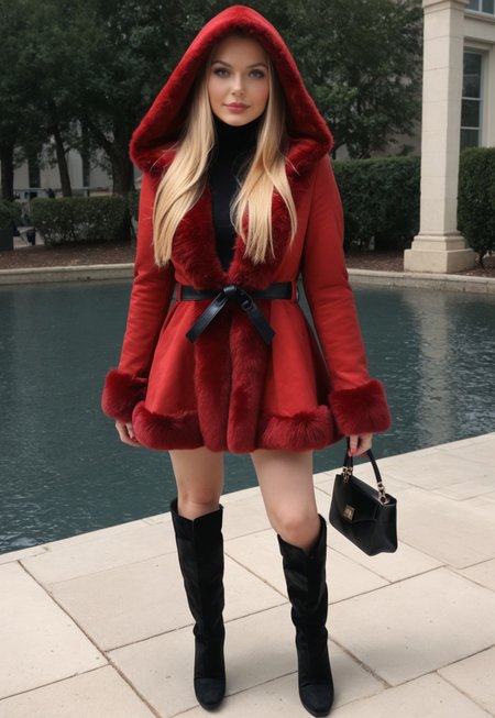 realistic, solo, female, twenty-year-old, belted fur coat, red coat, red fur, hood up, black boots, black purse, blonde hair, long hair, standing, outside,