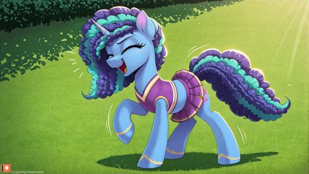 resolution, masterpiece, high resolution, (SOLO: 1.2), wild, detailed background, masterpiece,best quality,absurd resolution,high definition,cheerilee \(mlp\),my little pony,friendship is magic,wild,equine,equine,earth pony,female,mare,pony,solo,bipedal,cheerleader,clothes,cute,closed eyes,happy,bouncing,belly,miniskirt,moe,artist training ground,pompom,skirt,skirt lift,cheeribetes,cheerleader,pleated skirt,16:9,
Misty Brightdawn, blue body unicorn,( eyes green:1.1) <lora:Wholesome-MLP-v1.4b:0.7> ,,solo plain background, , solo,, FIGHTING STANCE, ,  <lora:Misty111:1> Misty Brightdawn blue hair with cyan streaks, blue body unicorn, eyes green