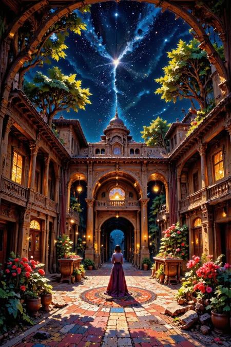 (courtyard),  beautiful Paraguayan fantasy landscape,  bright luminous starry night, woman, intricate, very detailed, sharp, colorful, <lora:Hand v2:1> <lora:Anti-Blur:1> <lora:Insane Detail Slider:0.5>   <lora:Flux.1_Turbo_Detailer:0.6> <lora:flux-photo-transparent_Alpha_1.0:0.8> <lora:flux.1_lora_flyway_Epic-detail_v2:0.6> <lora:Painterly01b_CE_FLUX_AIT:0.8> pntrlyCE_style, <lora:VividlySurreal:0.8>  <lora:FluxMythP0rtr4itStyle:0.8> mythp0rt