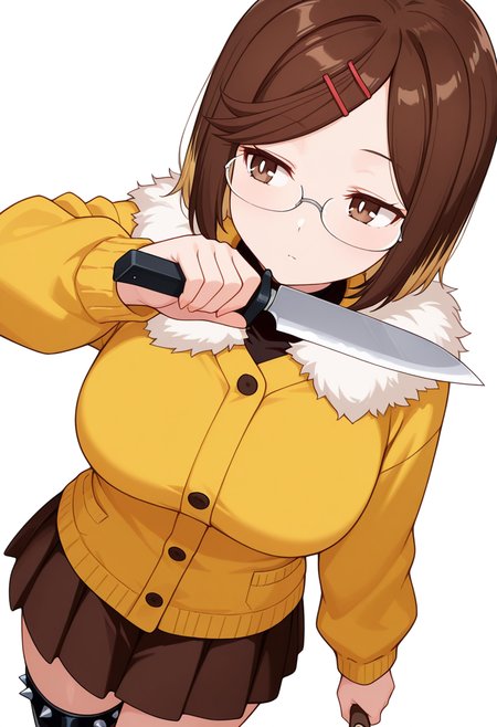 masterpiece,high quality details, absurdres,
 <lora:Konoha_Koga:0.8>koga_cnr, 1girl, brown hair, short hair, brown eyes, blonde hair, two-tone hair, large breasts, semi-rimless eyewear,hairclip,
holding knife,, simple background, white background, dynamic angle,solo,, =^=,, fur-trimmed jacket  ,cardigan,godet skirt,  ,spiked legwear,