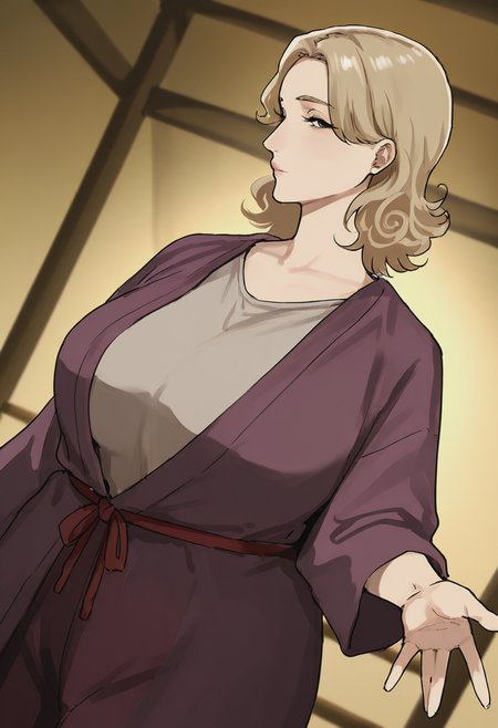 score_9, score_8_up, score_7_up, source_anime, 1girl, large_breasts, mature_female, solo, looking_at_viewer, open_eyes, Leaping with one hand reaching up, dutch_angle, Blue-violet hanten, curly hair, permanent wave, Ash Blonde hair, rope bridge, group_profile, rating_safe, <lora:Illustrous\ecobury:1.0>