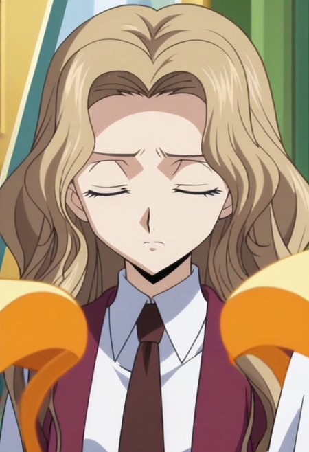anime screencap, masterpiece, best quality, Code Geass anime art style, <lora:Nunnally_Lamperouge:1>Nunnally Lamperouge, 1girl, ashford academy school uniform, long hair, necktie, school uniform, closed eyes,