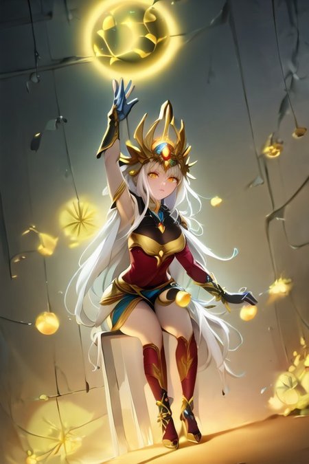 safe_pos, (masterpiece, sharp focus, clean lines:1.2), distant galaxies spiral into the abyss, cosmic energy, surreal, vibrant, ethereal:1.1), perfect breasts, (hyperdetailed:1.1), (intricate details:1.0), (Refined details:1.1), (best quality:1.1), (high resolution:1.2),  mesmerizing detailed radiant face, mesmerizing detailed beautiful eyes:1.2), justicar syndra, long white hair, golden eyes, sitting on the ground
