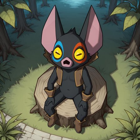 2d, solo, 1boy, Fraaz, male, bat, black body, black fur, pink inner ears, large ears, yellow sclera, black pupils, horizontal pupils, brown vest, open vest, brown wristbands, brown shoes, slim

BREAK outside, forest, legs crossed, from above, looking up at viewer, hands on legs, bushes, leaves, grass, sitting on stump

BREAK best quality, amazing quality, very aesthetic, absurdres, newest, masterpiece, high quality 