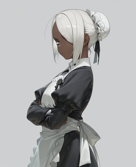 <lora:amrkdrw:1> amrkdrw,
(masterpiece), (best quality), (ultra-detailed), amazing quality, very aesthetic, illustration, perfect composition, intricate details, absurdres, incredibly absurdres, shiny skin, realistic,
 amrkdrw, solo, 1girl, skinned female, dark skin, simple background, apron, looking at viewer, maid, hair bun, hair over one eye, dress, crossed arms, long sleeves, white hair, single hair bun, maid apron, black dress, white background, puffy sleeves, from side, juliet sleeves, white apron, closed mouth, bun cover, short hair, general