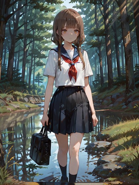 perfect quality,high quality,masterpiece,best quality,amazing quality,very aesthetic,absurdres,Cinematic Lighting,newest,Tactical use of shadow,
1girl,solo,brown hair,long hair,bangs,blunt bangs,twintails,low twintails,brown eyes,IinoMikoCYQL,,
outdoors,schooluniform,tree,nature,skirt,scenery,forest,sunlight,serafuku,reflection,water,pleatedskirt,standing,whiteshirt,shortsleeves,shirt,neckerchief,socks,sailorcollar,shoes,lightrays,day,blackskirt,blueskirt,bluesailorcollar,walking,grass,sunbeam,redneckerchief,,
<lora:ponyv4_noob1_2_adamW:0.7>,<lora:spo_sdxl_10ep_4k-data_lora_webui:0.6>,<lora:USNR STYLE_XL_loha:0.45>,<lora:748cmSDXL:1>,usnr,748cmstyle,<lora:lora.by_tusi:1>,