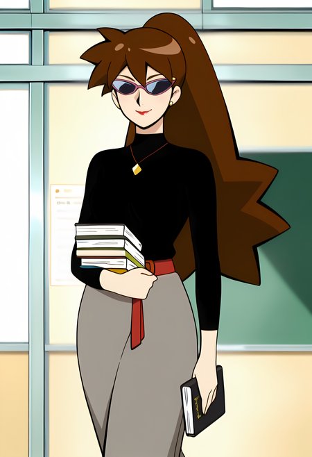 masterpiece,best quality,amazing quality,very aesthetic, absurdres

1girl, solo, Masako Inogashira, long hair, 

Masako, jewelry, brown hair, necklace, sunglasses, lipstick, makeup, ponytail, long skirt, red belt,

smile, 

Walking, holding, hugging stack of books,

at classroom,

anime style, 

