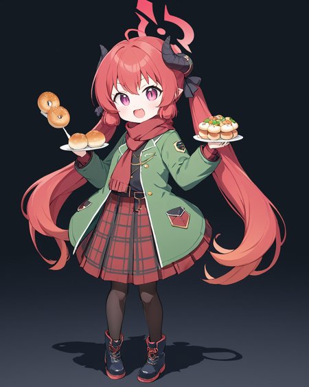 junko \(blue archive\),1girl, solo, horns, twintails, fang, red_scarf, simple_background, black_pantyhose, halo, red_skirt, black_footwear, baozi, holding_food, long_sleeves, plaid_skirt, coat, open_mouth, ^_^, green_jacket, black_background, pleated_skirt, :d, boots
<lora:junko_(blue_archive)_image691_2023-11-28-000012:1>halo. gorgeous,key visual, vibrant, studio anime,award-winning, professional, highly detailed,high budget, cinemascope
