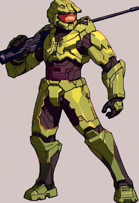 score_9, score_8_up, score_7_up, source_anime, BREAK, solo, 1boy, looking at viewer, <lora:Under-Night-In-Birth-Sprites-pdxl_Fp:1>, simple background, full body, standing,   <lora:masterchief-halo-richy-v1_pdxl:1>, masterchief, helmet, visor, power armor, assault rifle, holding,
