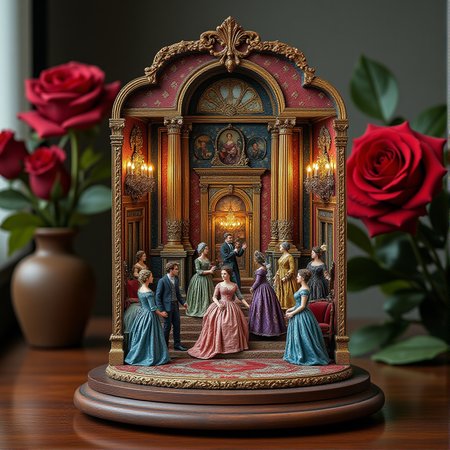 Miniature diorama of a masquerade ball next to a bouquet of roses, detailed digital illustration of a masquerade ball held in a palace, 19th century, colorful dresses, masks, well-dressed women, glamorous, lascivious and somewhat decadent atmosphere, <lora:Flux.1_Turbo_Detailer:0.7>, <lora:Diorama_Flux:0.8>