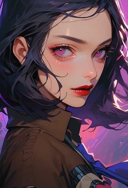 score_9, score_8_up, score_7_up, y0tt4, 1girl, solo,  
mayap2, medium hair, black hair, purple eyes, lipstick, jacket, hearts, blue necktie, skirt,