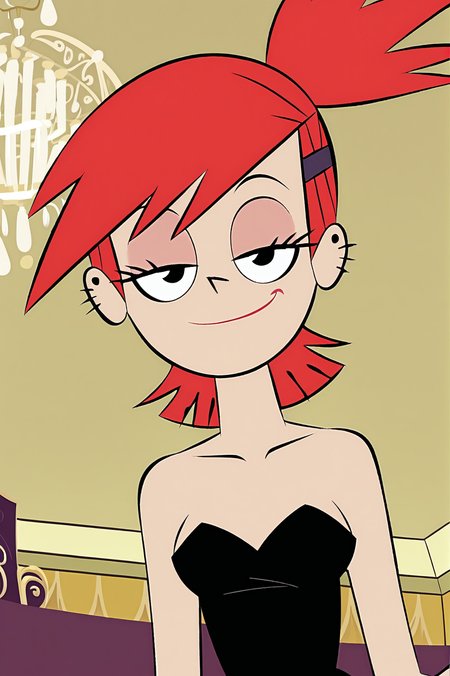 FrankieFoster, solo, expensive bedroom, chandelier, black fancy clothes , smug, smirk, beautiful, from below, collarbone , head tilt, <lora:FrankieFosterCartoonXL-10:0.8>