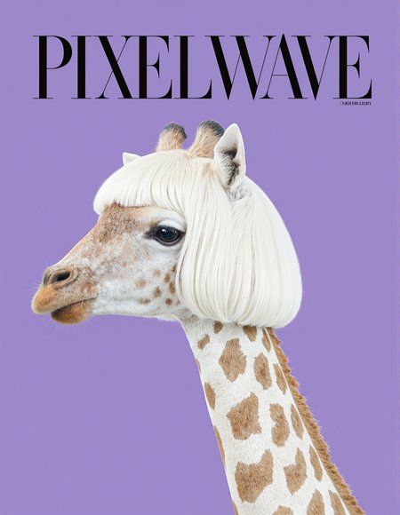 close up portrait of a giraffe wearing a white bob wig with blunt bangs, profile, purple background, large text "PIXELWAVE" across top of image in elegant font, fashion mag, luxury, fine art, photograph, high quality