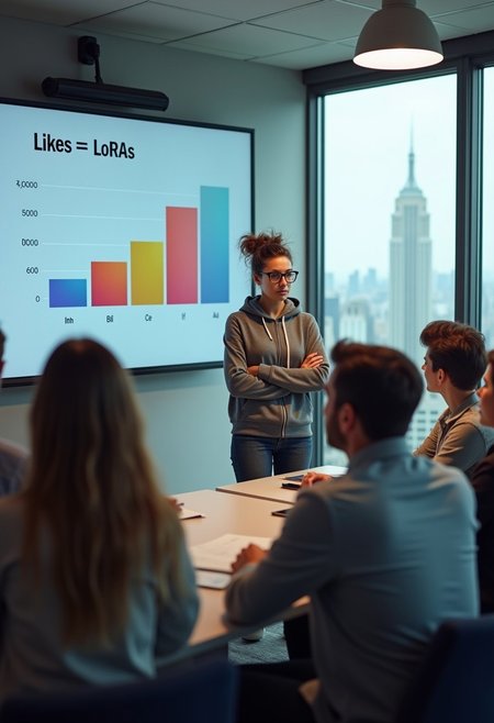 The scene is a realistic interior photo of a corporate conference room in a high-rise building, with a cityscape outside the window in the background on the right. The focus of the scene is a woman with a serious expression who is standing next to a large screen showing a colorful presentation, with the text “Likes = LoRAs” next to a graph. The woman is dressed casually in a hoodie, with messy hair and horn-rimmed glasses. A diverse group of people wearing business attire sit around the conference room table. The woman making the presentation is in focus, and the people in the foreground at the conference table are not in focus.