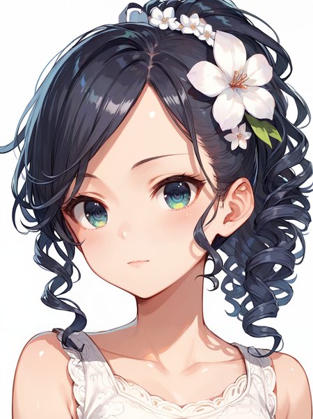score_9, score_8_up, score_7_up,source_anime, high res image,masterpiece,best quality,girl,cute face,clear skin,shiny hair,ultra detailed eyes,simple background, <lora:morigami_pony_V1.0:1> morigami,hair flower,curly hair,ponytail