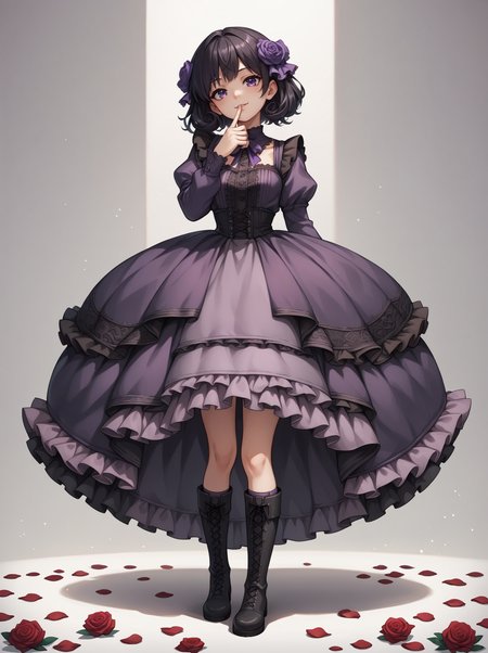 score_9, score_8_up, score_7_up, score_6_up, score_5_up, score_4_up, source_anime,
1girl wearing a purple bell skirt <lora:bell_skirt-PD-1.0:1>,
frills, layered skirt, medium skirt, lace, boots, thighhighs, puffy sleeves, head tilt, hand to mouth, seductive smile,
black hair, purple eyes, contrapposto, standing, roses, rose petals, rose petals on floor, simple background