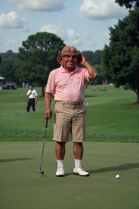 A Ferengi in a pastel polo shirt and khaki shorts stands on the green of an exclusive country club, gripping a golf club as he lines up his shot. His large ears twitch with concentration, and a satisfied grin spreads across his face as he eyes the distant hole. The perfectly manicured grass glistens in the morning dew, and the gentle chirping of birds creates an air of serene calmâthough the Ferengi's mind is anything but calm, constantly calculating the value of the club's membership fees. Behind him, his human golf partner checks his watch impatiently, but the Ferengi is in no hurry, taking his time as he adjusts his stance and swings with exaggerated precision. The ball sails through the air, landing just shy of the hole, and the Ferengi gives a triumphant fist pump, already planning how heâll negotiate a "friendly wager" for the next round. A golf cart idles nearby, loaded with overpriced refreshments, and the Ferengiâs eyes gleam as he considers launching his own line of exclusive latinum-branded sports drinks. As he steps back to let his partner take a shot, the Ferengi adjusts his visor and chuckles quietly to himselfâbusiness is always better on the green.<lora:aidmaMJ6.1-FLUX-V0.1:0.6><lora:Movie_Portrait><lora:Flux DetailerV2><lora:ferengiV1_FLUX>