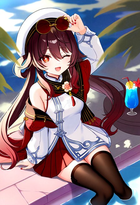 masterpiece, best quality, high score, great score, newest, absurdres, highres, amazing quality, very aesthetic, year 2023, year 2024,
hu tao \(cherries snow-laden\) \(genshin impact\), artist:kedama milk, newest,
1girl, solo, flower-shaped pupils, red skirt, symbol-shaped pupils, long hair, skirt, brown hair, pleated skirt, white shirt, puffy long sleeves, red eyes, sunglasses on head, tinted eyewear, sleeveless shirt, twintails, white headwear, hat, bare shoulders, red-tinted eyewear, beret, black thighhighs, hair between eyes, unworn eyewear, multicolored hair, gradient hair, off shoulder, medium breasts, nail polish, very long hair, zettai ryouiki, official alternate costume,
one eye closed, sitting, soaking feet, looking at viewer, drinking straw, two side up, arm up, open mouth, smile, water, ;d, outdoors, cup, sunlight, drink, flower, drinking glass, tropical drink, day, dappled sunlight, arm support, sidelocks, blush,
<lora:cherries_snow-laden_Animagine-000004:1>