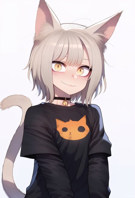 score_9, best quality, masterpiece, uncensored, source_anime
BREAK
1girl, solo, looking at viewer, blush, smile, short hair, bangs, simple background, shirt, long sleeves, white background, animal ears, closed mouth, tail, yellow eyes, grey hair, cowboy shot, choker, cat ears, cat tail, animal ear fluff, sleeves past wrists, black shirt, black choker, cat girl, animal print, slit pupils, :o
<lora:merratatustle_pony_v6:1>