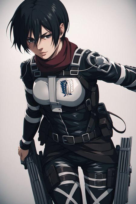 score_9, score_8_up, score_7_up, score_6_up, BREAK source_anime, <lora:adult mikasa ackerman-PonyXL-lora-faxtron:0.8> adult mikasa ackerman, black eyes, black hair, short hair, medium breasts, military uniform, armor, belt, thigh strap,