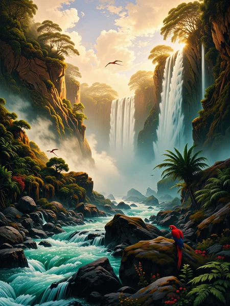 famous artwork, masterful use of light and shadow, masterful composition following the rule of thirds, chiaroscuro, dappled sunlight, romanticism oil painting of the awe-inspiring iguazu falls in the style of caspar david friedrich, an immense cascade of water thundering down into the mist-shrouded depths below, a breathtaking vision of unrestrained natural power, the composition is grand and dramatic, capturing the sheer scale of the falls as they carve through the lush, untamed rainforest, towering cliffs covered in verdant foliage frame the scene, their rugged, weathered surfaces bathed in soft golden light, the turbulent waters crash against the jagged rocks below, sending plumes of mist rising into the air, where they catch the sunlight in dazzling, prismatic hues, a pair of scarlet macaws flying over the falls add life to the scenery, the background features a vast, cloud-filled sky, a mixture of warm and cool tones as the light of the late afternoon sun filters through billowing storm clouds, shafts of sunlight break through, illuminating pockets of the dense jungle and highlighting the intricate textures of the cascading water, the rainforest is rich and vibrant, filled with dense vegetation, massive ferns, and ancient trees stretching toward the sky, the foliage is painted with masterful, expressive brushstrokes, evoking the untamed spirit of the wilderness, in the foreground, the river below swirls with movement, its deep emerald and turquoise waters reflecting the ever-changing sky, small details like birds soaring through the mist and delicate wildflowers growing between the rocks add life and realism to the composition, evoking a sense of awe and wonder, painted with rich, dynamic brushwork, the textures of water, stone, and foliage blend seamlessly, every detail capturing the grandeur and emotional intensity of the scene, deep, dramatic contrasts between light and shadow heighten the sense of depth and scale, a masterful work of romanticism that immerses the viewer in natureâs overwhelming majesty, ovg, style of rembrandt, <lora:style-caspar_david_friedrich-flux-by_tiberiana:0.88> <lora:style-rembrandt-flux-by_tangbohu:0.32> <lora:image_enhancer-flux-by_dever:0.8>