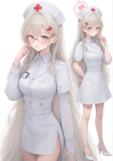 1girl,bow, dated, glasses, hair ornament, hairclip, hand up, hat, high heels, multiple views, nurse, nurse cap, standing, white headwear <lora:blance:1>