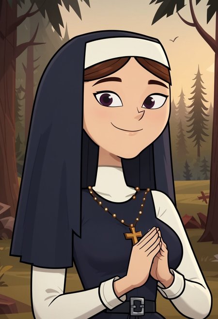 ((Forest background)),score_9, score_8_up, score_7_up,score_6_up, 
1girl, Solo, Isabel_DC, fair skin, brown hair, straight hair, dark purple eyes, dark prussian blue nun veil with white coif, necklace with a golden cross, belt with square buckle, dark prussian blue nun tunic with long skirt, black flat shoes, big eyes, tall stature, social smile, perfect eyes, perfect smile, looking at the viewer, big breasts, detailed eyes, perfect eyes, cute, standing, (front pose, bust shot, close up to face, face portrait:1) praying hands