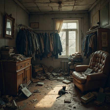 A room filled with junk. A pile of old jackets, shabby frames. A turn of the corner. A cat flies through the air. A feeling of madness.