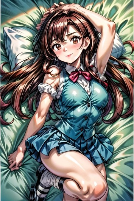 <lora:Giselle_Pokemon-07:0.8>, 1girl, solo, long hair, looking at viewer, smile, bangs, skirt, simple background, brown hair, shirt, brown eyes, school uniform, full body, white shirt, short sleeves, pleated skirt, shoes, socks, puffy sleeves, miniskirt, black footwear, vest, puffy short sleeves, blue skirt, kneehighs, white socks, black background, mary janes, blue vest, Happy, Lying on Back,  sweat, solo focus, lying, armpits, on back, outstretched arms, spread arms, pillow, arm grab, bed, sleeveless,
