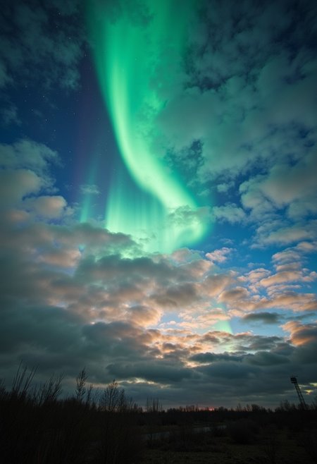 Beautiful Cloudy Sky filled with Aurora Lights at Sunset, Towering Debris can be seen in the distance, surreal landscape