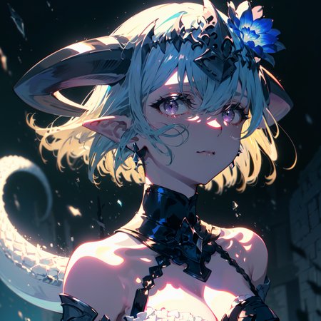 1girl, breasts,short dress, white dress, dress,boots,full body,ice, horns, dragon tail, tail, solo, medium breasts, dragon horns, pointy ears, dragon girl, weapon, flower, short hair, hair ornament, blue hair, hair flower, headpiece, purple eyes, cleavage, holding, bare shoulders, blue flower, covered navel,  bangs, spear, hair between eyes, looking at viewer, detached sleeves, gloves, closed mouth, blush, curled horns, gauntlets, armor, tight (ultra-detailed, detailed clothing, intricate clothing, masterpiece, highres, absurdres, best quality, detailed face, nose, beautiful face, accurate face, realistic face, cute face, stylized, illustration, perfect face, cygames, realistic eyes, wide hips, , empty eyes, high quality, realistic, textured, ambient lighting, cinematic lighting:1.2) (detailed eyes, expressive eyes, detailed face, expressive face), nose, thigh gap, ((outdoors, sky in background)),
 <lora:shadowverseGranblue_1:0.8> ,
 <lora:beautifulDetailedEyes_v10:1>