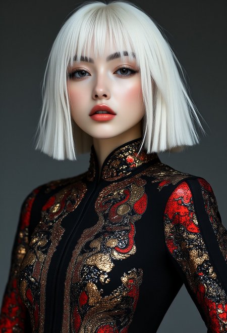 photorealistic image of a japanese supermodel, white hair, straight-cut bob, figure-hugging cheongsam, black, gold and red, cowboy shot, aidmaMJ6.1, midjourney_whisper_avant_couture