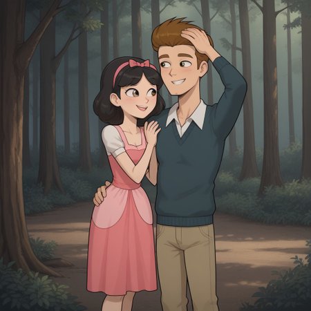 masterpiece, best quality, score_9, break. Ella_X_Topher, (1boy, Topher, Brown hair), break, (1girl, Ella, Black hair, hair bow), hug, forest, natural lighting