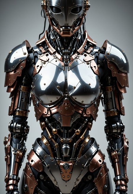 ajchrobo, A detailed frontal portrait of a cybernetic FredFraiStyle knight focusing on the armored torso and shoulders. The upper body is crafted from interlocking plates of brushed titanium, chrome, and rose gold, forming a chiseled and regal silhouette. Heavy mechanical pauldrons sit atop broad shoulders, adorned with etched insignias and precision-cut vents. The chestplate is sculpted with elegant curves and angular seams that follow anatomical contours, enhanced by subtle patina and battle-worn textures. Beneath the armor, transparent metal mesh reveals intricate mechanical ribs and hydraulics, hinting at a powerful inner framework. The entire form radiates strength and nobility, with polished metallic surfaces catching dramatic studio lighting. The reflective chrome floor mirrors the knight's commanding stance, while the photorealistic 3D rendering showcases complex material interplay—light gliding across the layered armor, emphasizing both beauty and brutal efficiency. Exposed servos and precision-welded seams underscore the fusion of elegance and function in this cybernetic warrior.