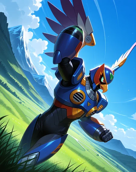 <lora:Storm_Eagle_(Mega_Man_X)_(Illustrious)_(AD):1> Storm Eagle, reploid, MMX, 
((
exterior, blue sky with clouds, mountain valley, grassy valley, 
dutch angle, dynamic action, cowboy shot, 
):1.5), 
male focus, intense shadows, dynamic shadows, intricate details, attention to details, gradient coloring, robot, beak, bright vivid colors, deep metallic colors, glossy metal body, wings, fighting stance, 
BREAK very awa, masterpiece, best quality, amazing quality, very aesthetic, highres, absurdres, 
EZRealPONYXL, zPDXL, Smooth Quality, lazynsfw,